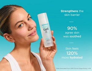 Young Woman with radiant skin holding Curél Hydrating Water Essence